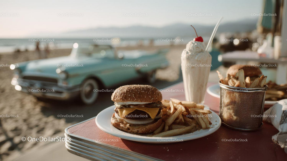 Beachside Cheeseburger French Fries and Milkshake with Classic Car Stock Photo Bundle preview 9