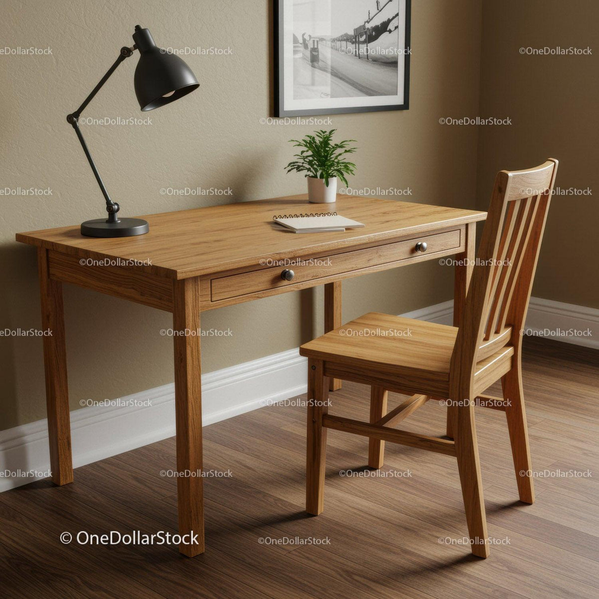 Modern Wooden Desk with Lamp and Potted Plant in Cozy Home Office