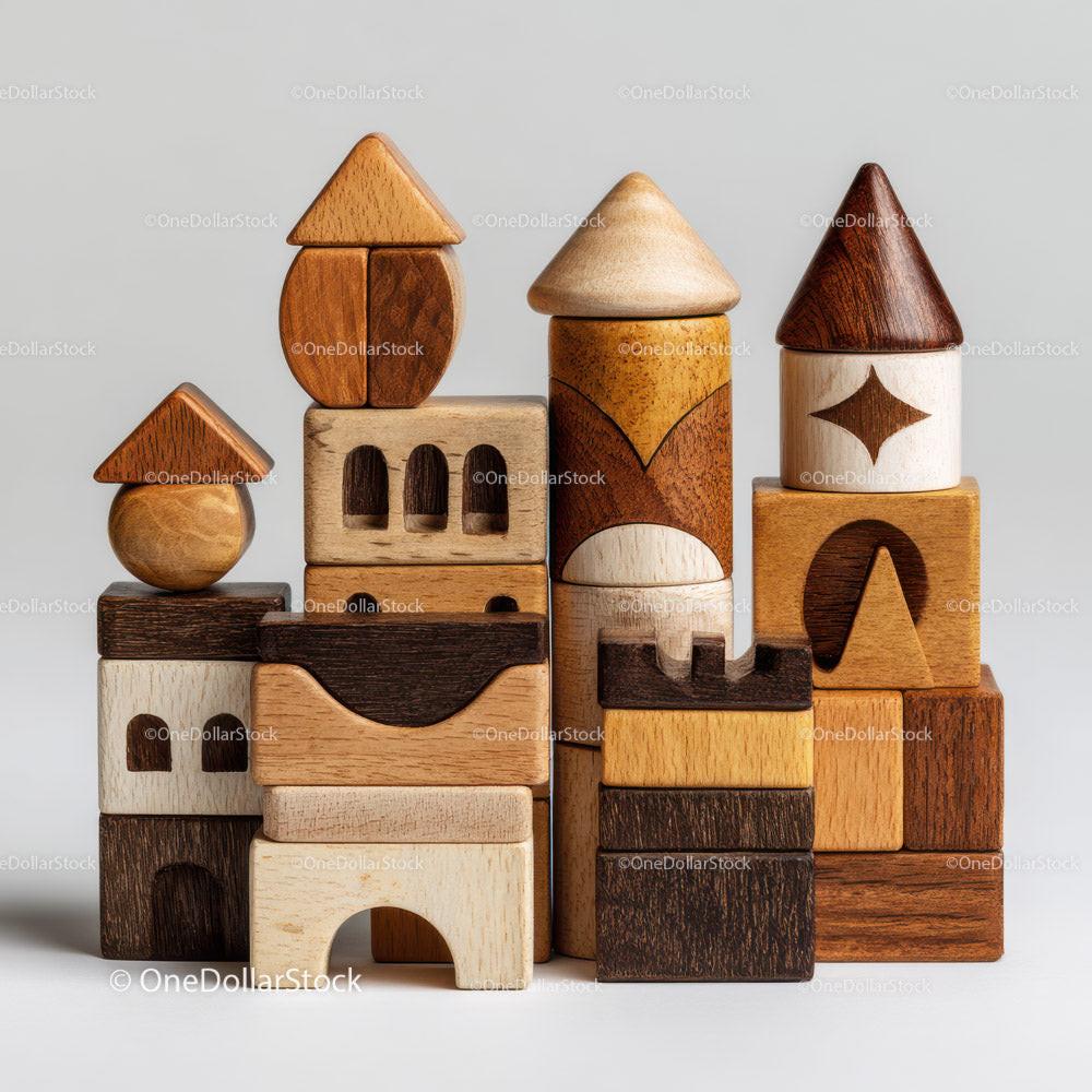 Stacked wooden blocks in natural and brown tones with geometric and arch shapes