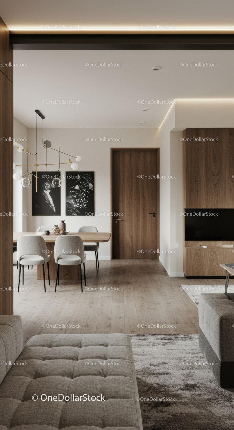 Modern dining and living area with wooden accents