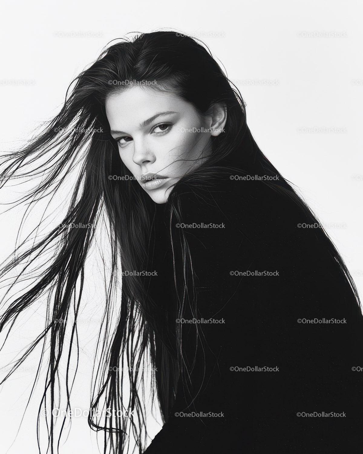 Elegant Black and White Portrait of a Woman with Flowing Hair