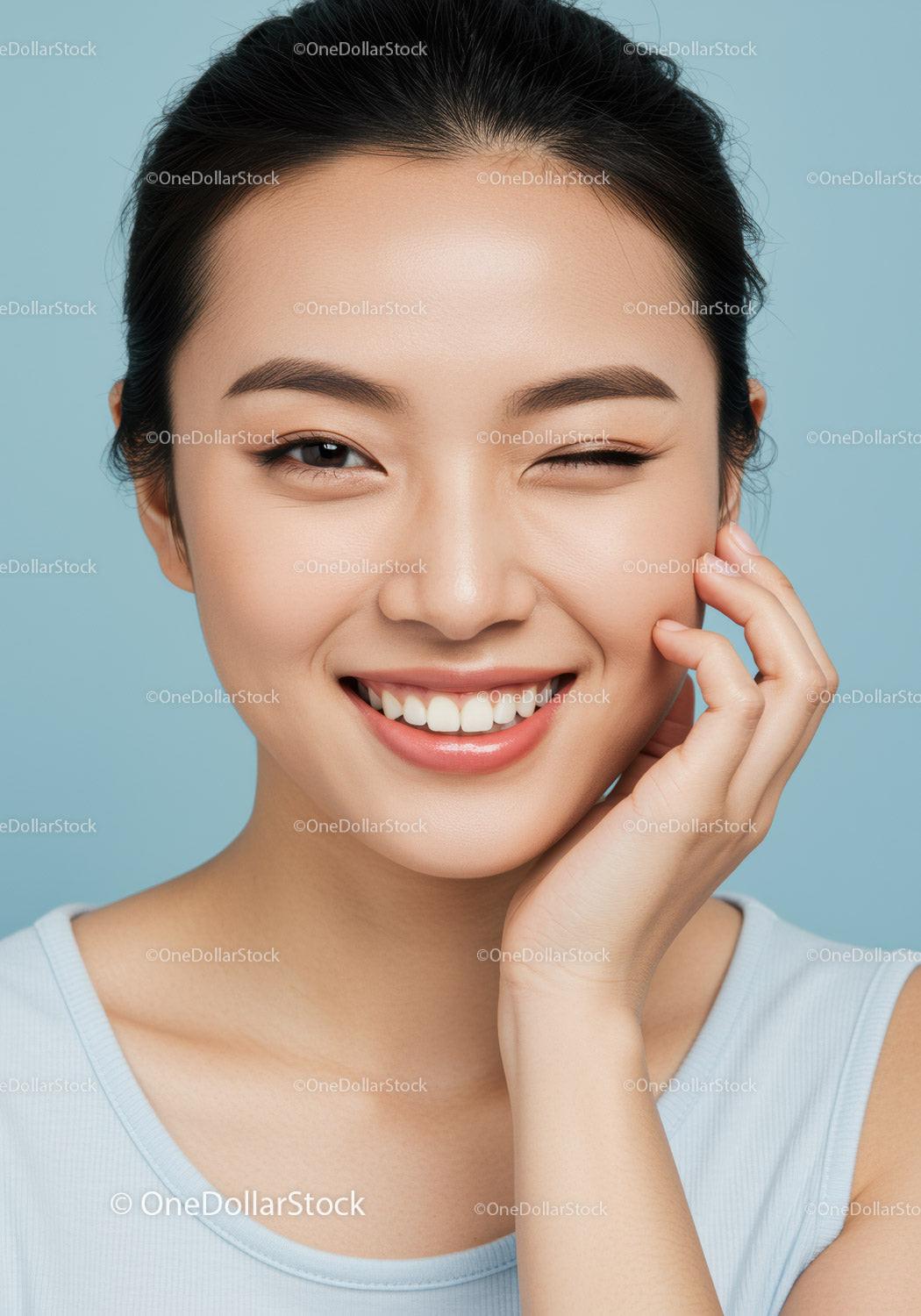 Close-Up Portrait of Smiling Asian Woman with Flawless Skin