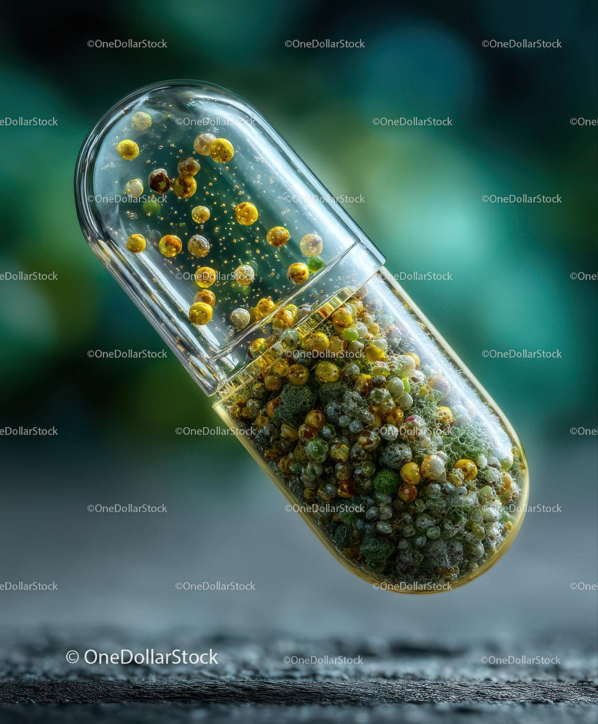 A transparent capsule filled with small yellow and green spherical beads on a blurred background