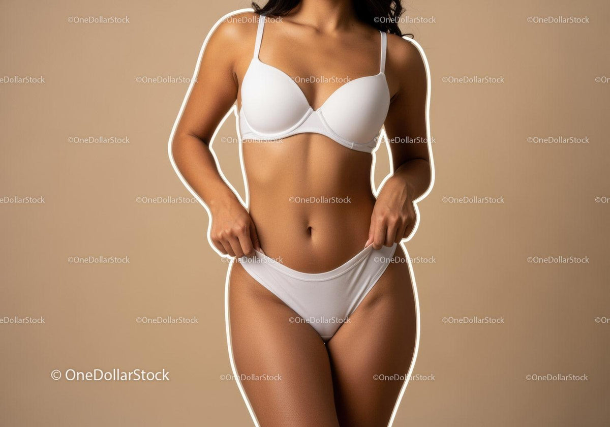 Elegant Woman in White Lingerie Fashion Pose on Beige Background