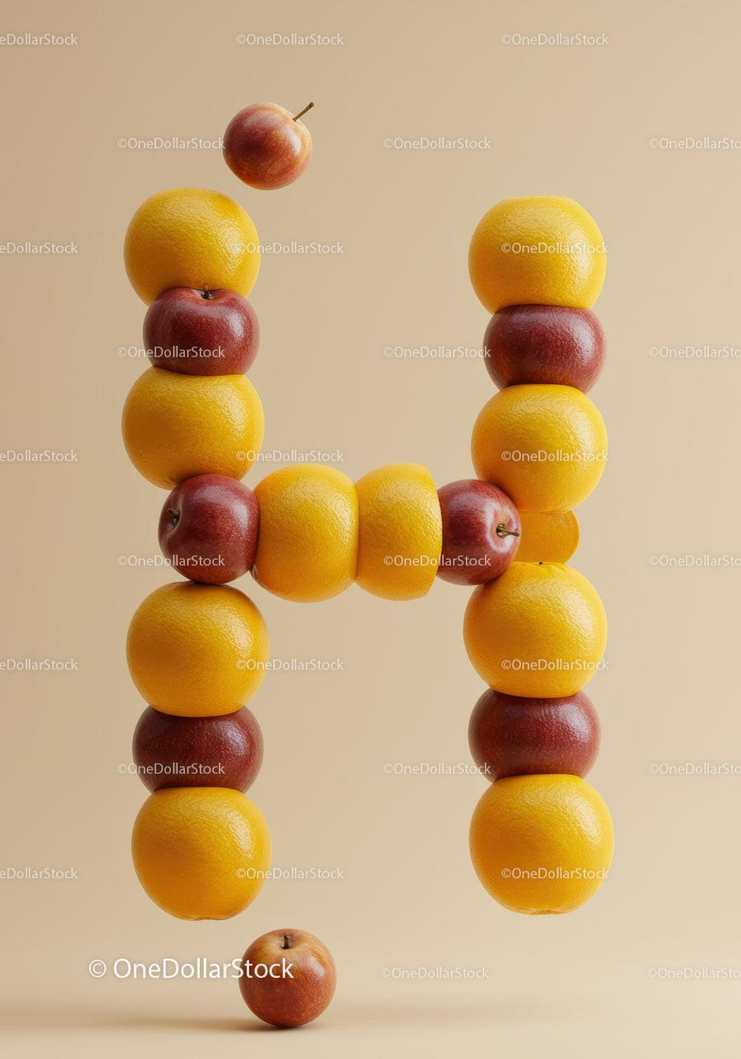 Letter H formed with stacked apples and oranges