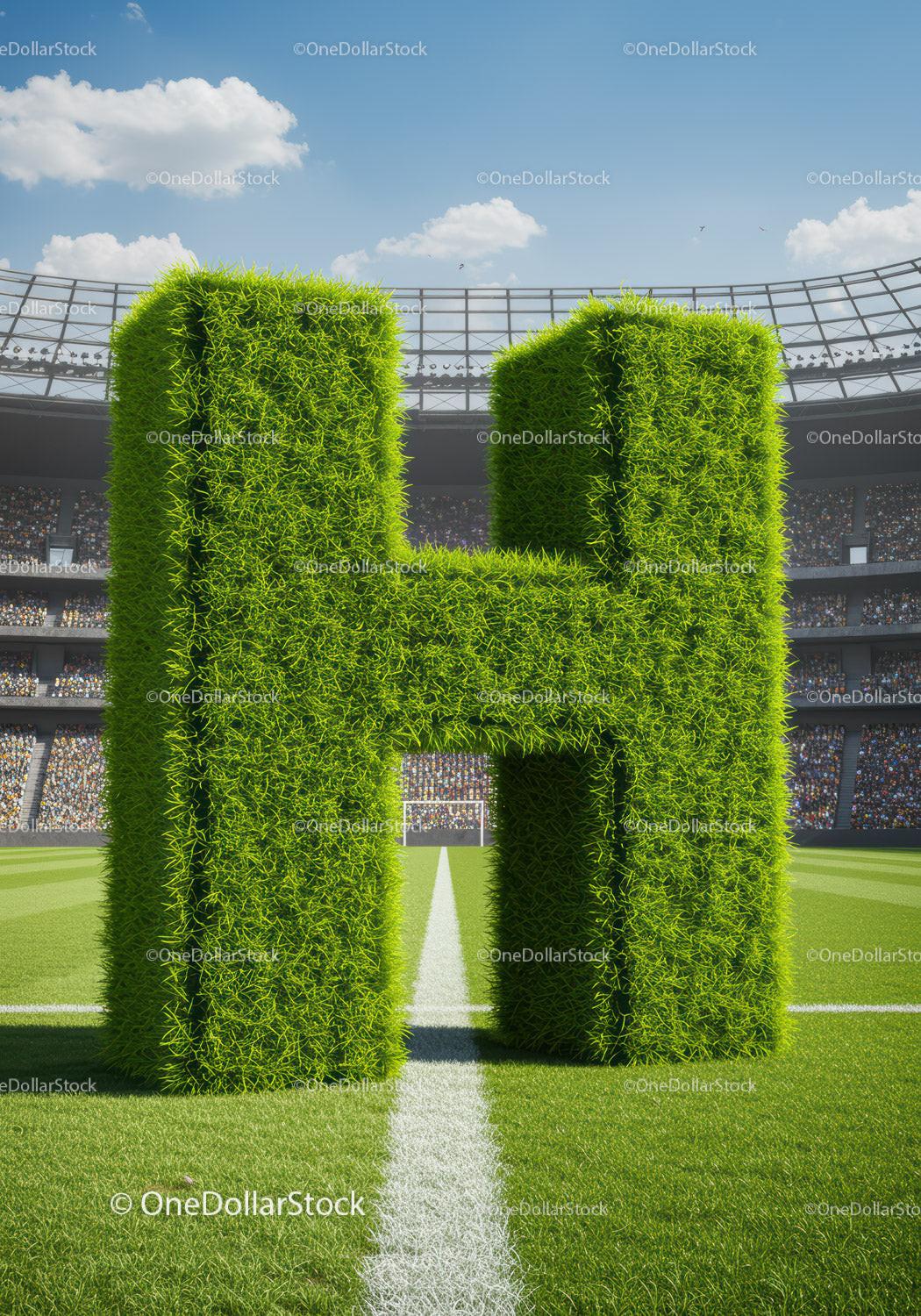 Giant Grass Letter H Standing on Soccer Field