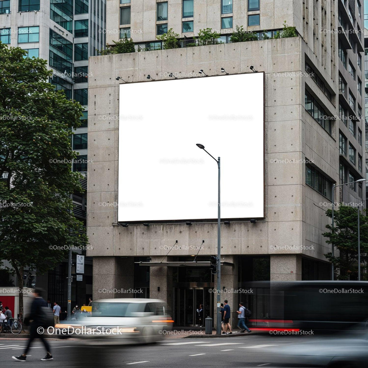 Urban street scene with large blank billboard on building JPG Mockup Image preview