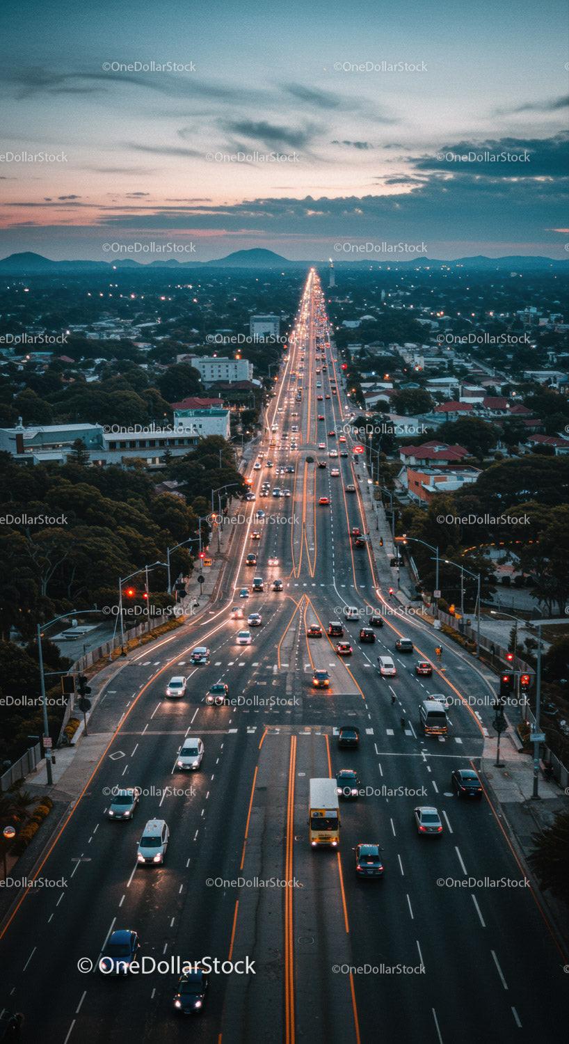 City Highway at Dusk with Moving Traffic and Sunset Sky