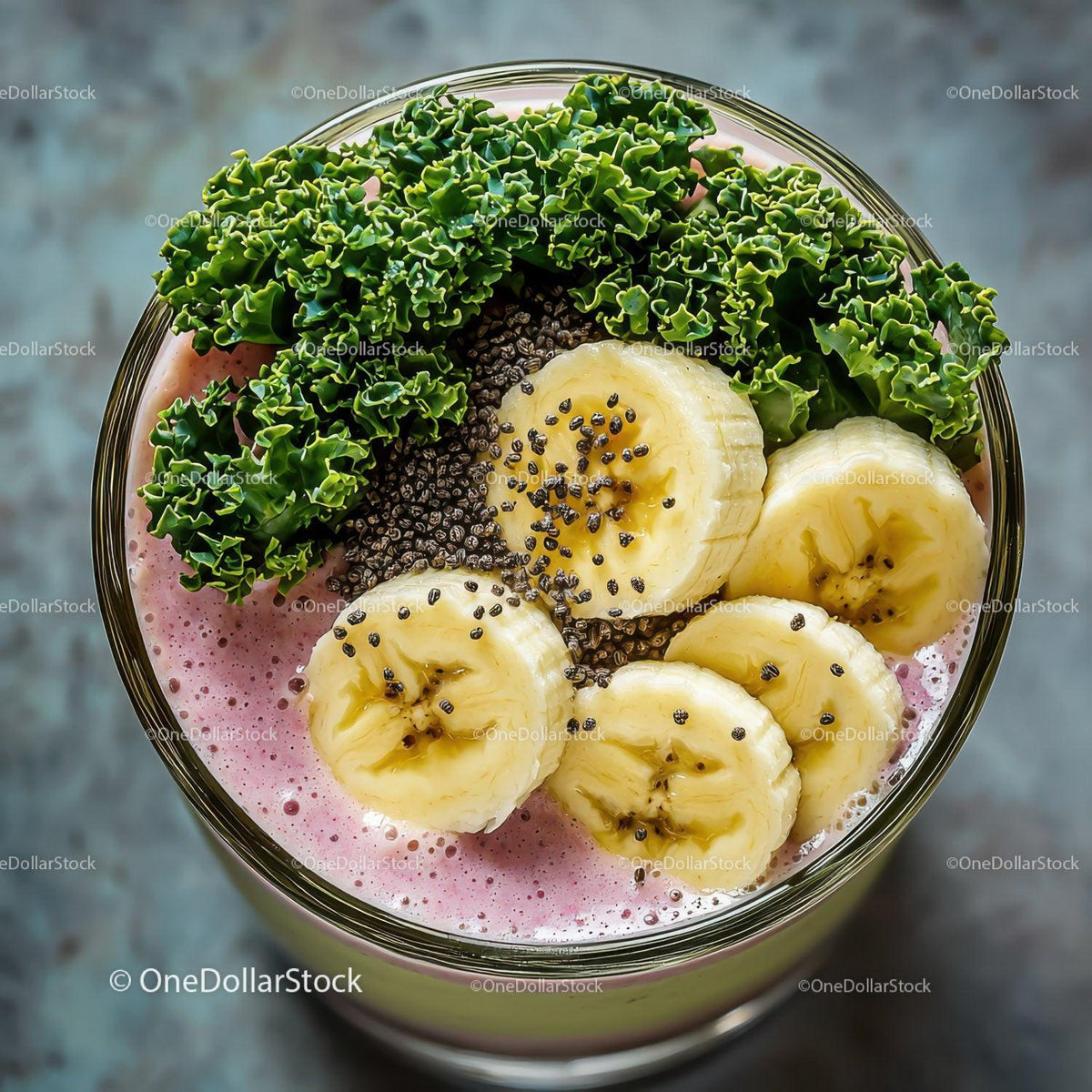 Healthy Banana Chia Seed Smoothie with Fresh Greens and Berry Topping