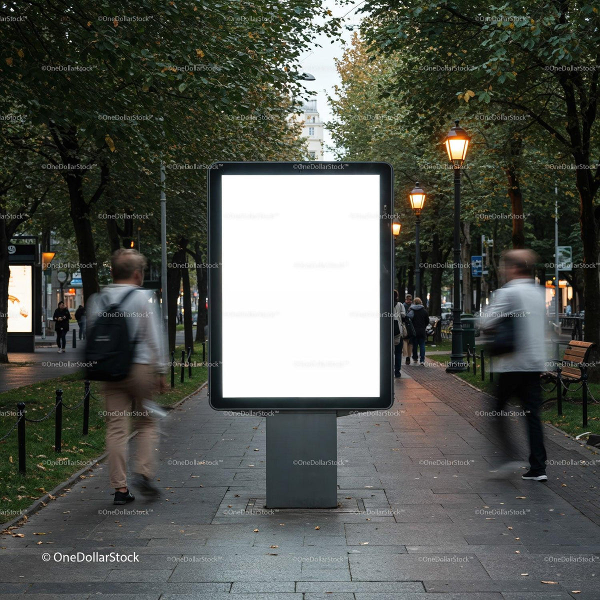 Digital advertising board on busy urban pedestrian street JPG Mockup Image preview