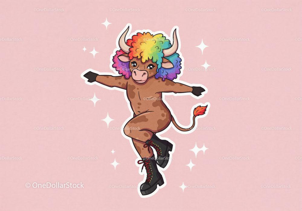 Cartoon minotaur with rainbow afro hair dancing wearing black boots and gloves on pink background
