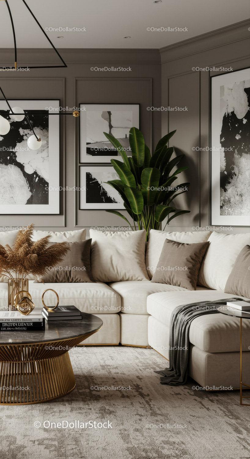 Cozy Modern Living Room with Neutral Tones and Green Plant