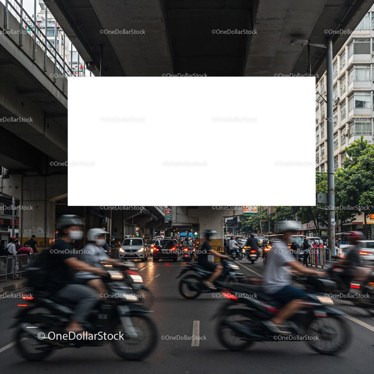 City street with motorcycles and busy traffic under bridge JPG Mockup Image preview