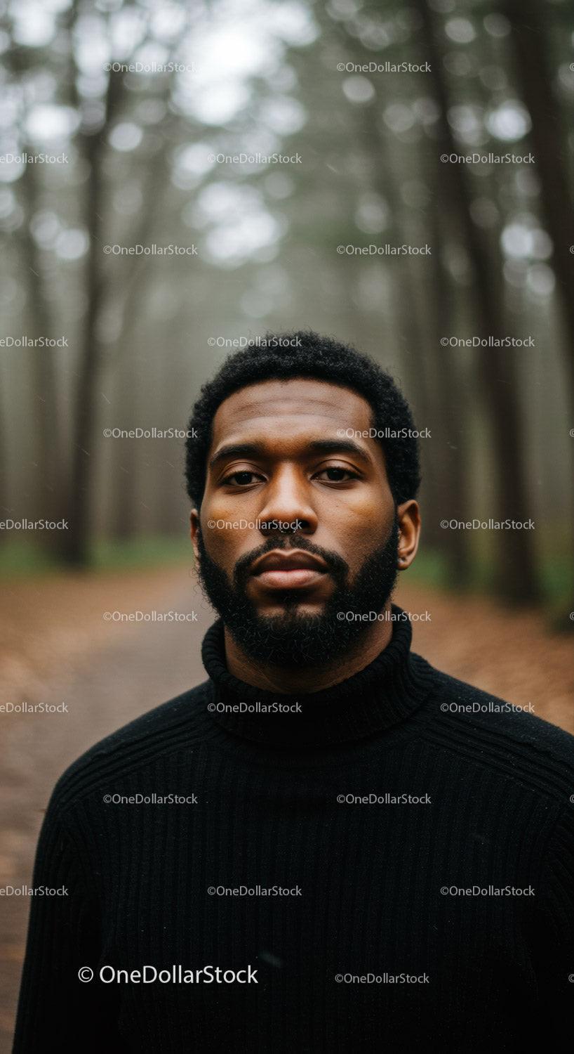 Contemplative young man standing in misty forest path