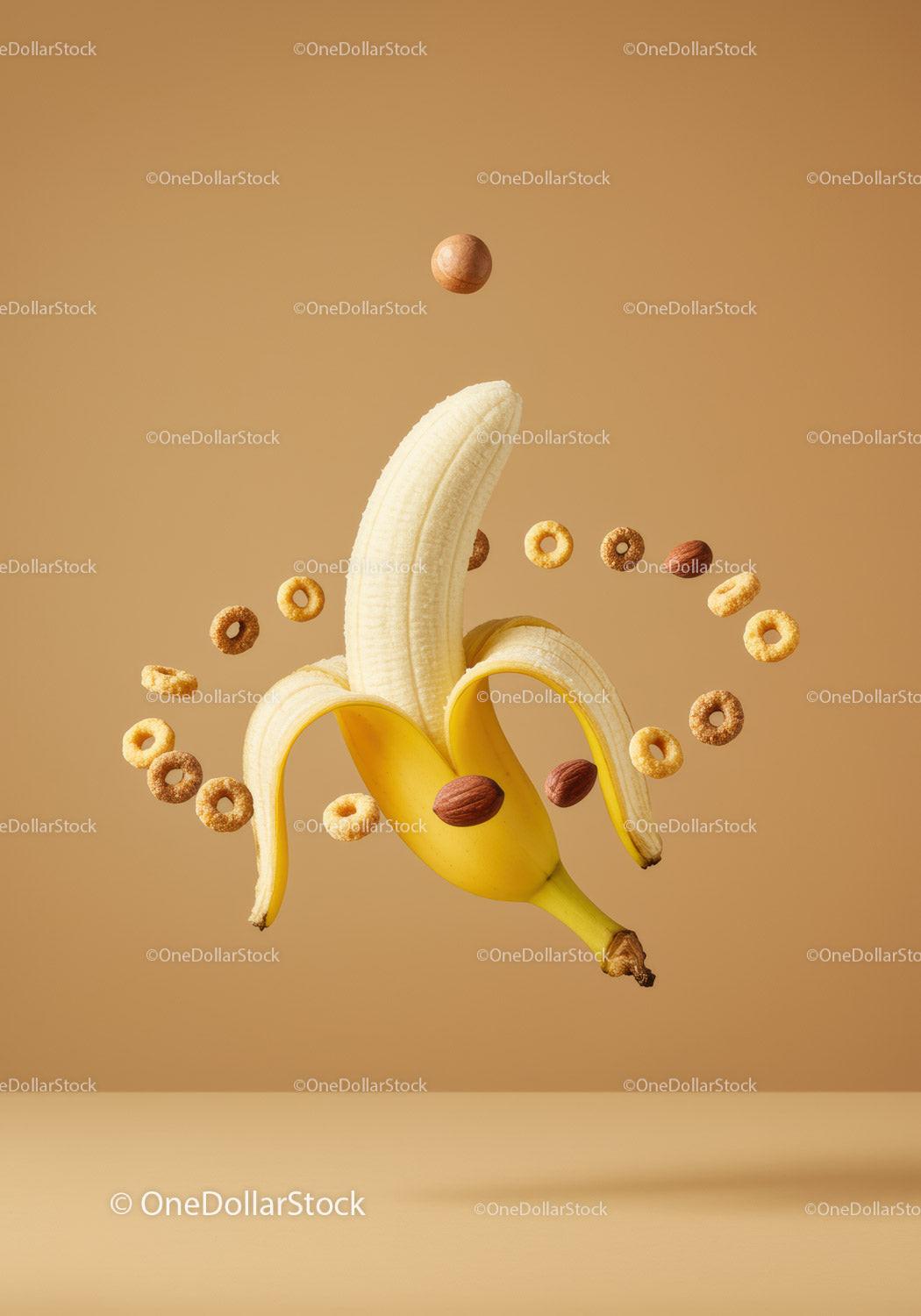 Peel banana surrounded by breakfast cereal and nuts