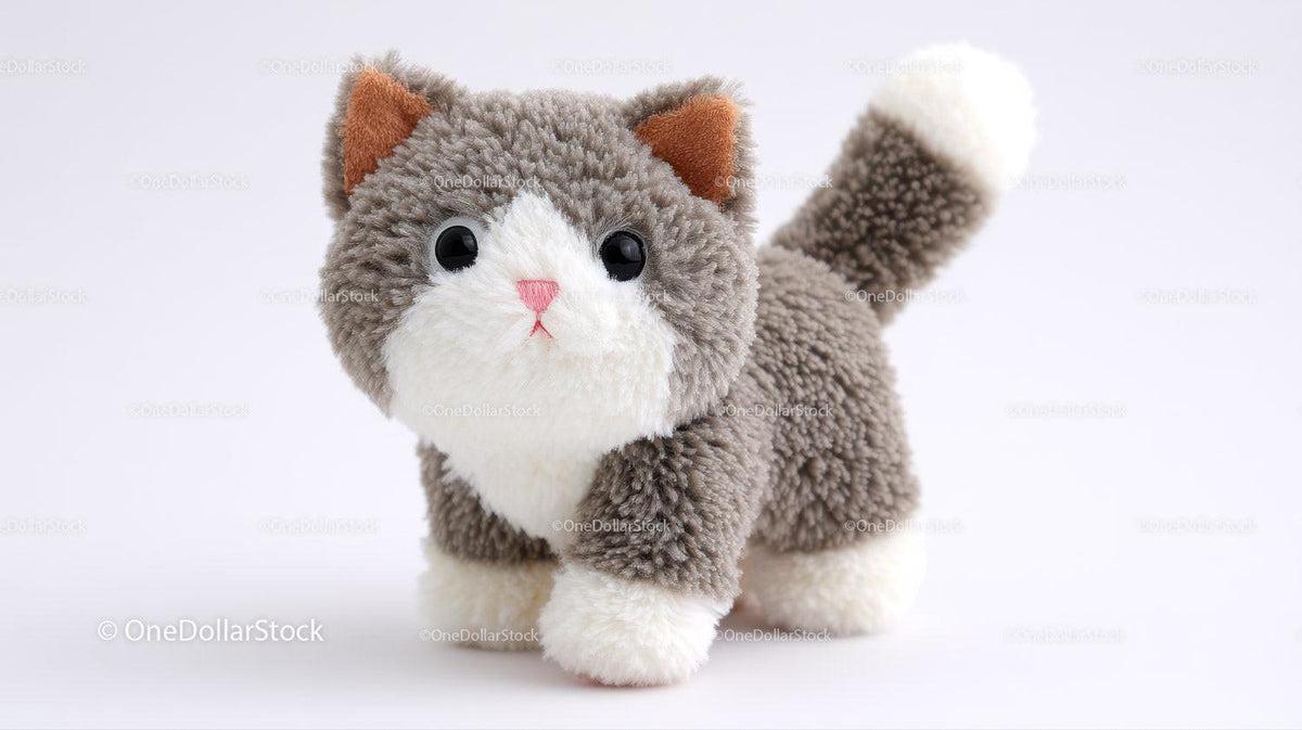 Gray and white plush cat toy with black eyes and pink nose on white background