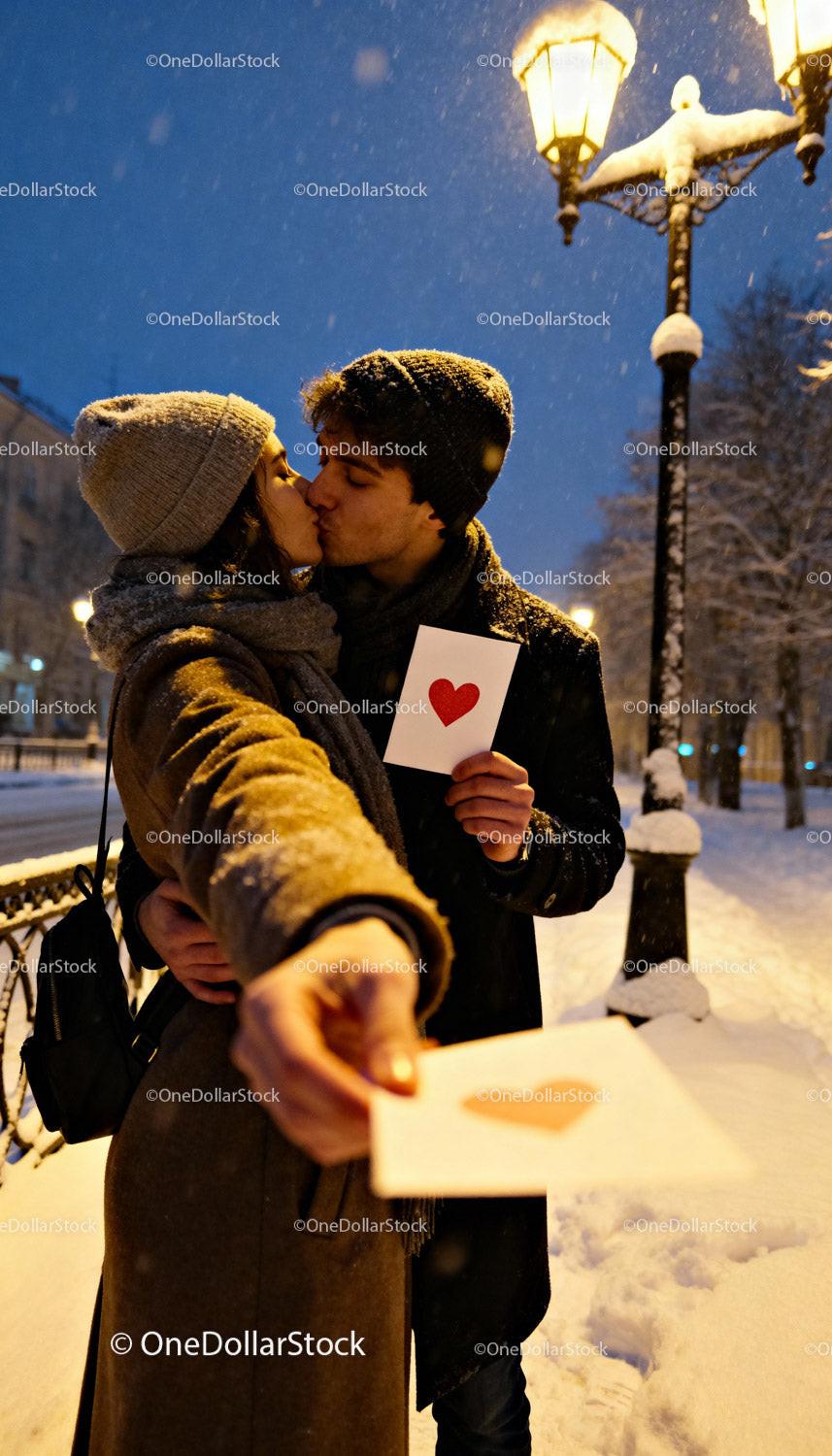 Couple sharing a kiss with Valentine's cards in snowy street
