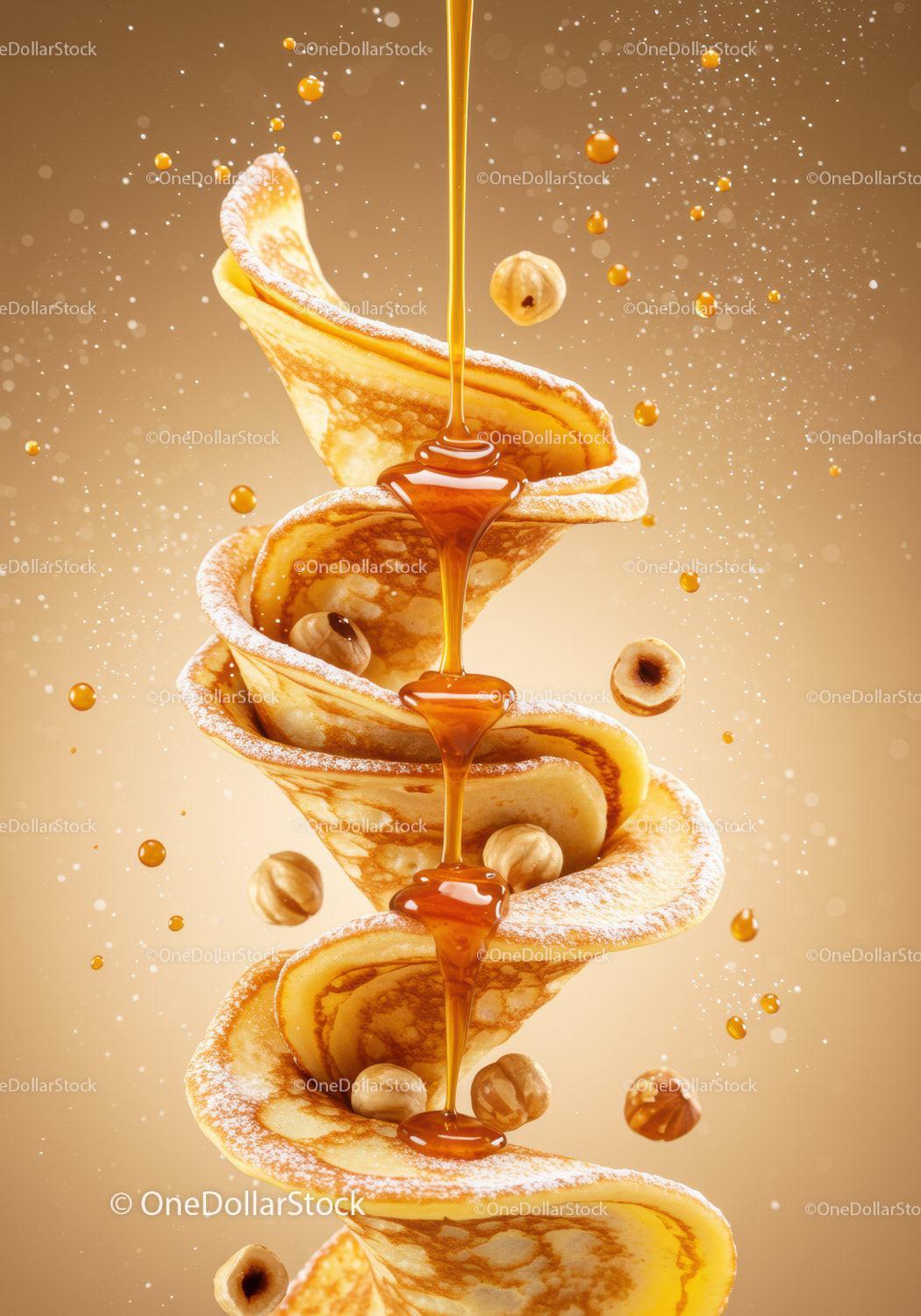 Stack of Pancakes with Honey and Hazelnuts in Air