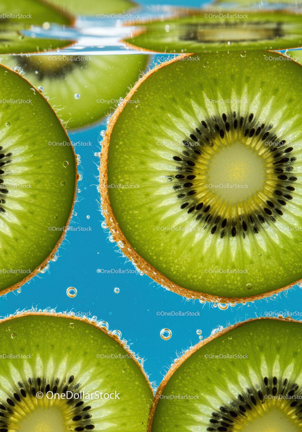 Close up of kiwi slices submerged in water with bubbles