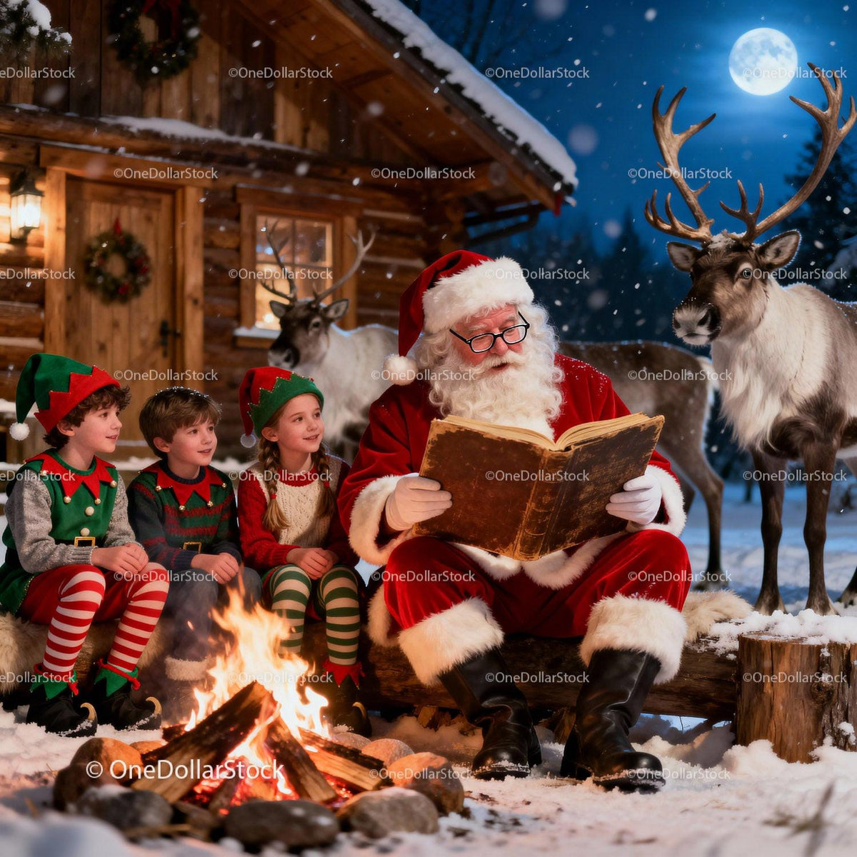 Santa Claus Reading to Children by Fire in Winter Night