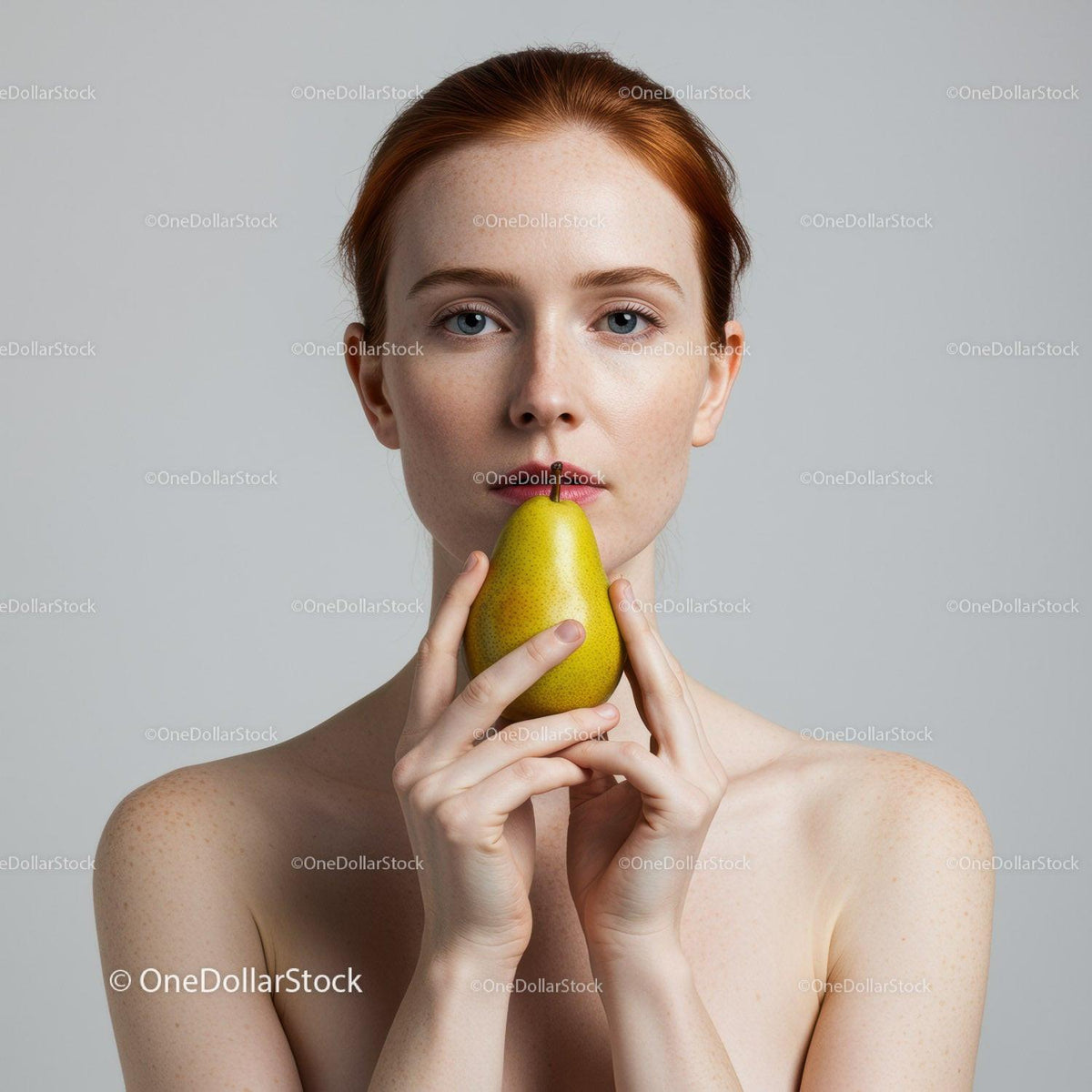 Elegant Woman Holding Yellow Pear in Minimalistic Portrait