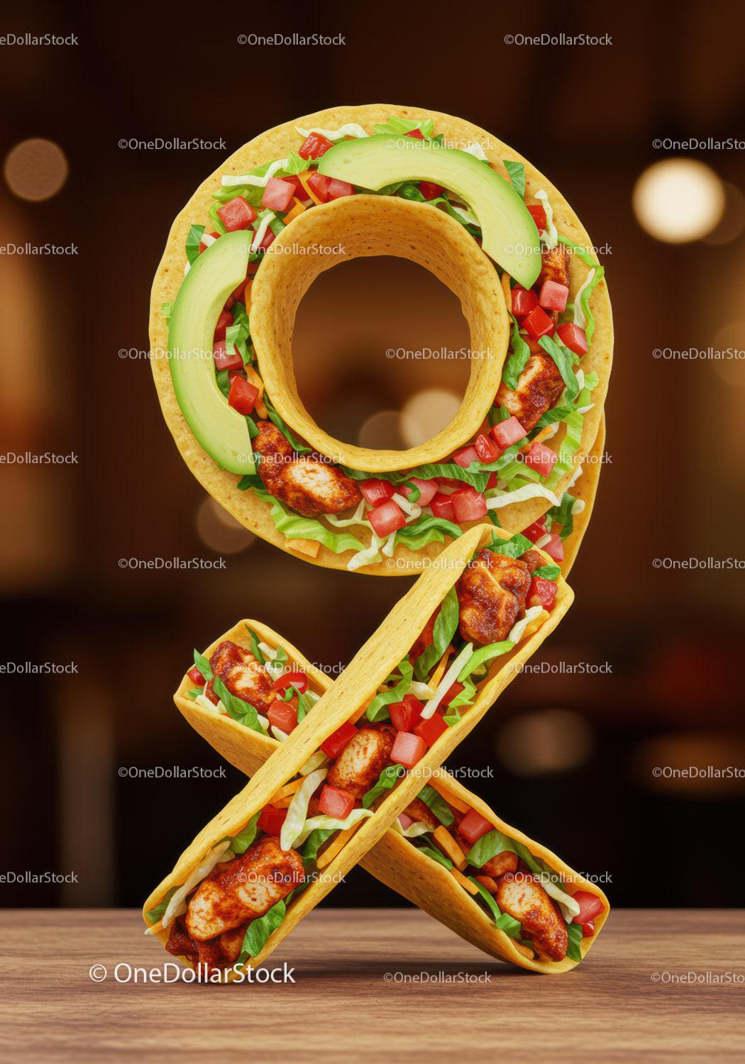 Creative ampersand symbol made of fresh tacos with fillings