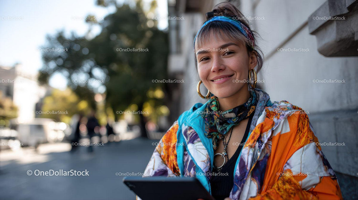 Young Woman Smiling in Colorful Jacket Outdoors City Street