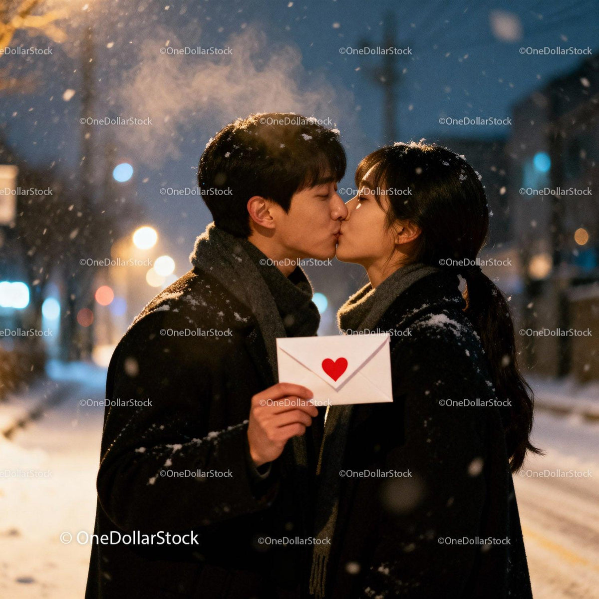 Young couple sharing a kiss with love letter in winter