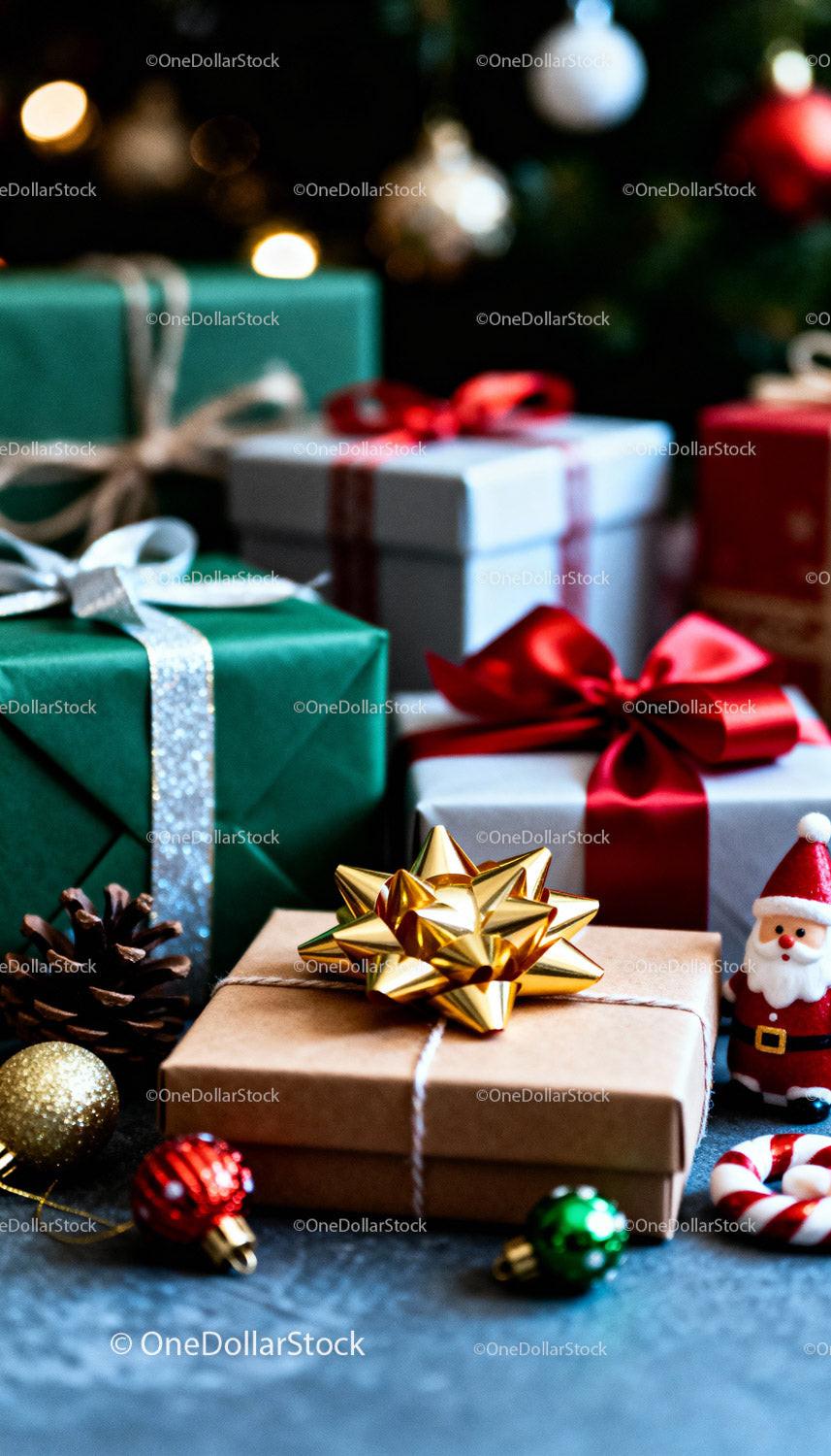 Festive holiday gifts with ornaments and Christmas decorations