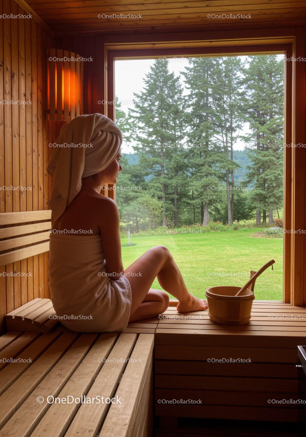 Serene Woman Relaxing in Sauna with Green Forest View