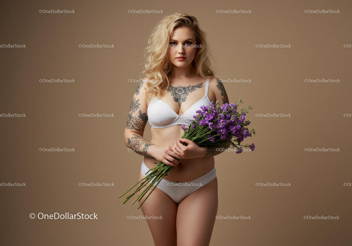 Beautiful Tattooed Woman Holding Purple Flowers in Stylish Studio Shot