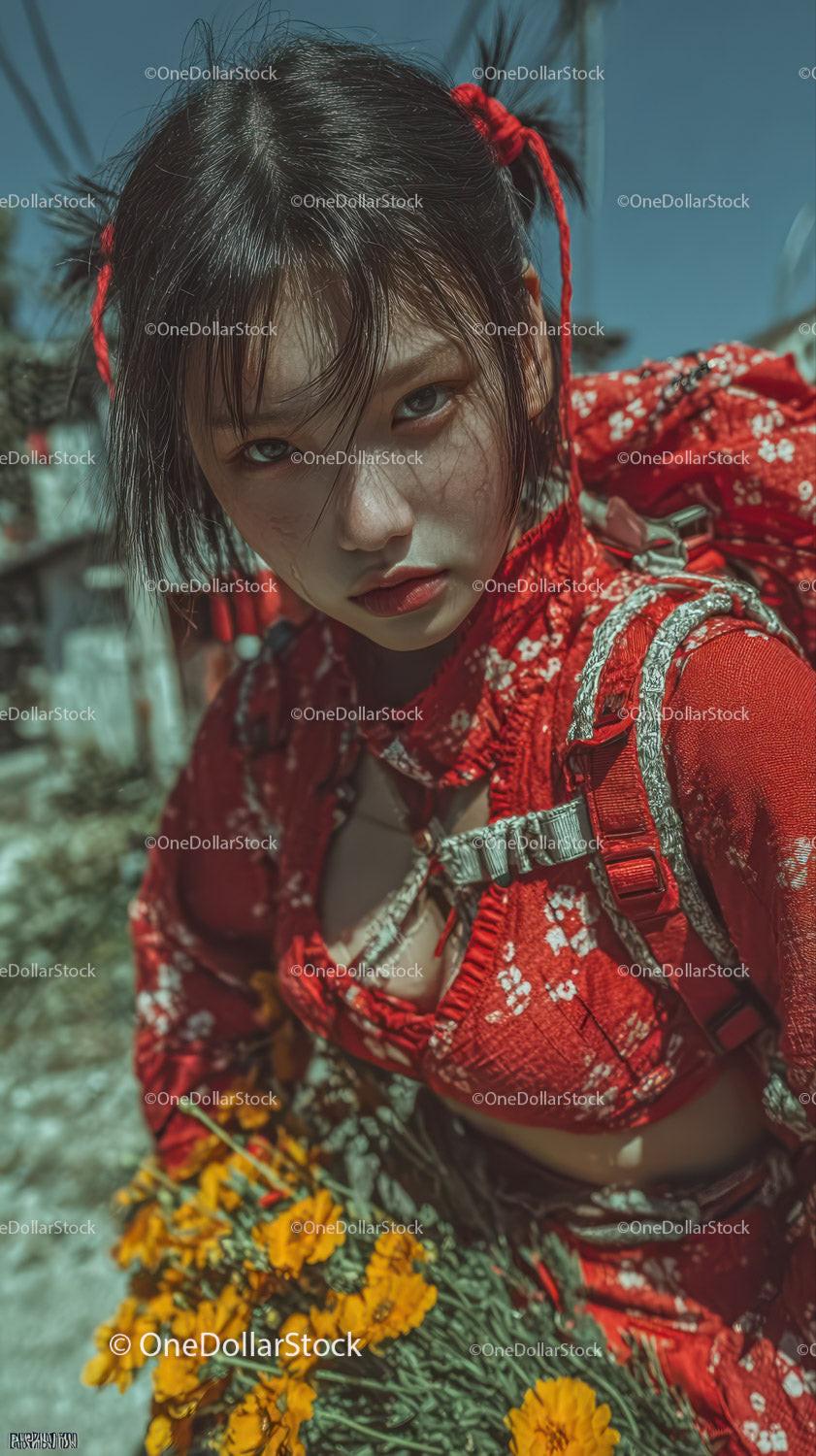Youthful Woman in Red Floral Dress with Short Hair Outdoors