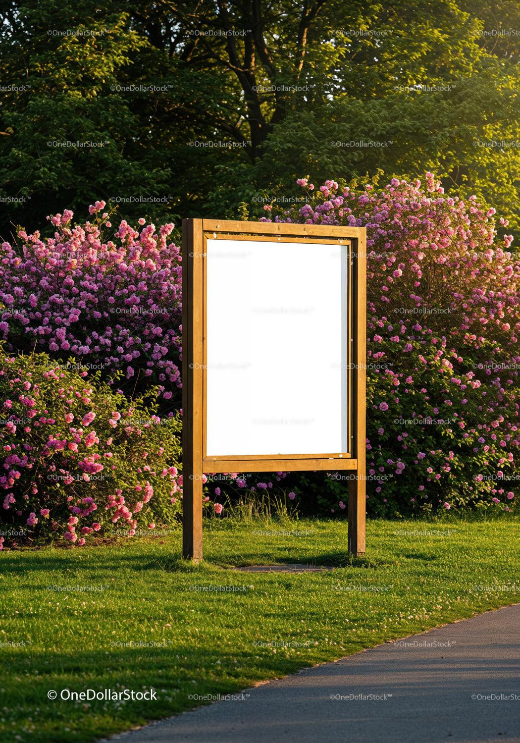 Wooden signboard in vibrant park with blooming flowers JPG Mockup Image preview