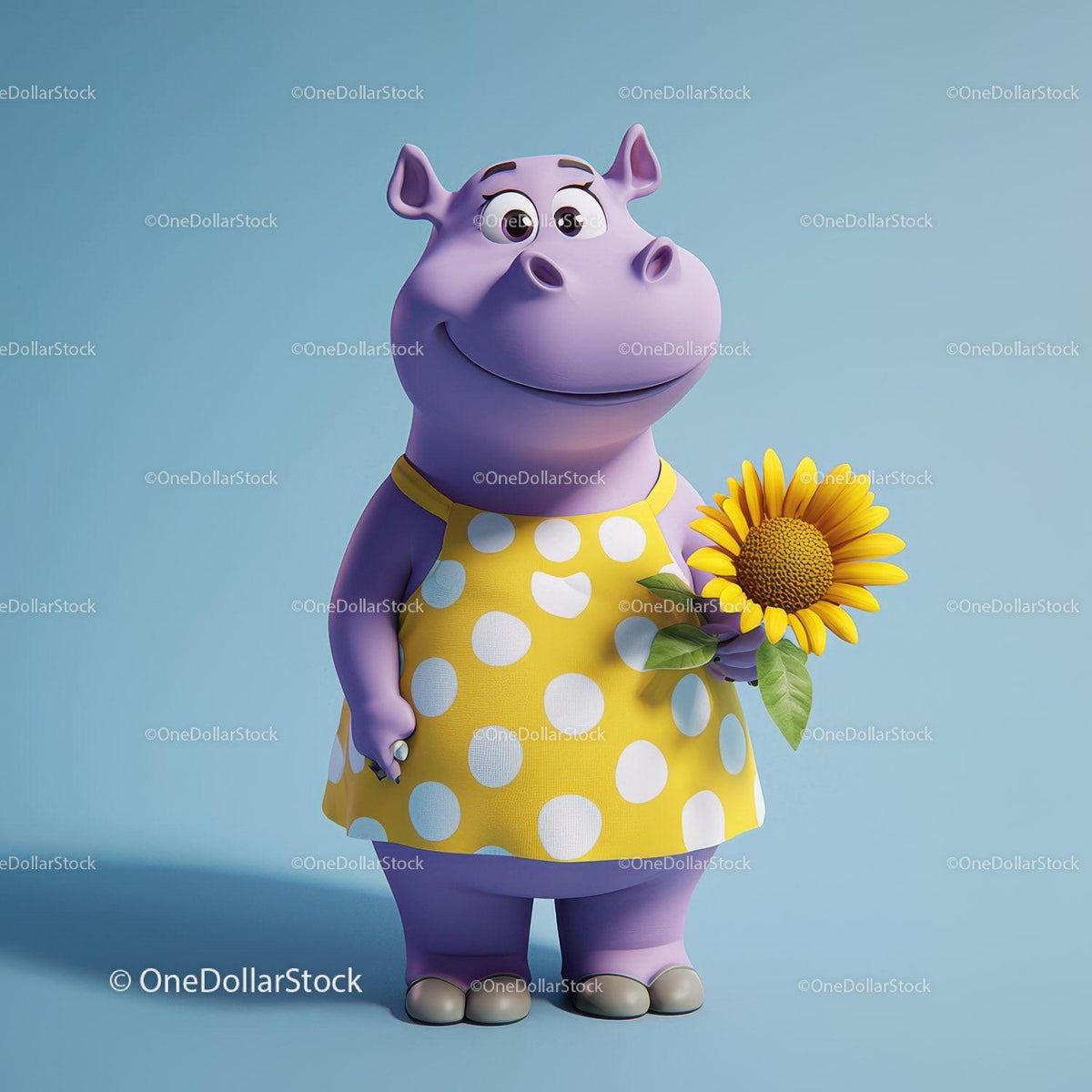 Purple cartoon hippo in yellow polka dot dress holding sunflower on blue background