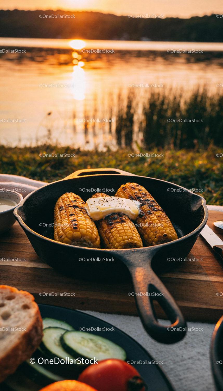 Grilled Corn with Butter Served at Lakeside Picnic