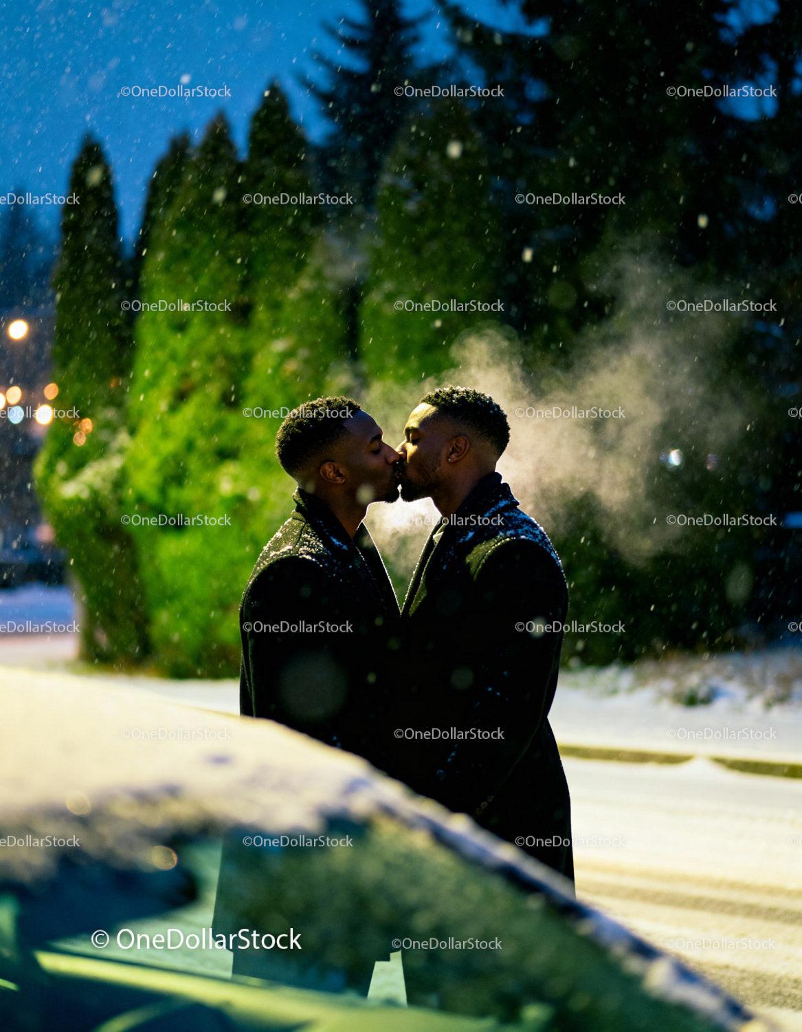 Couple sharing an intimate winter kiss outdoors