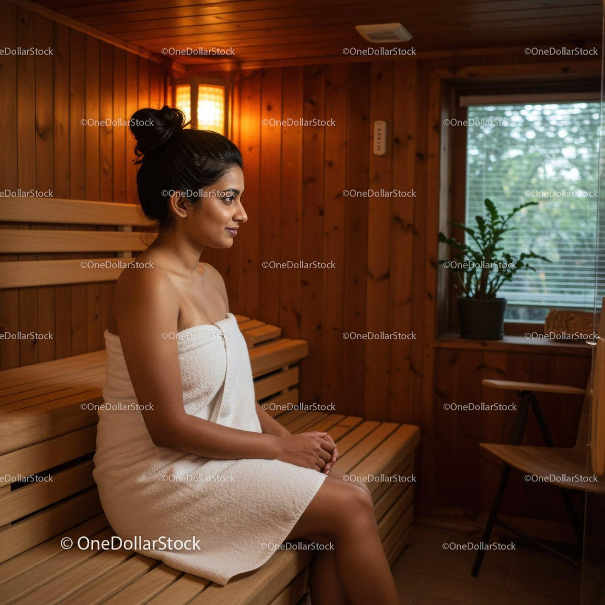 Woman Relaxing in Wooden Sauna Room with Towel and Calm Atmosphere