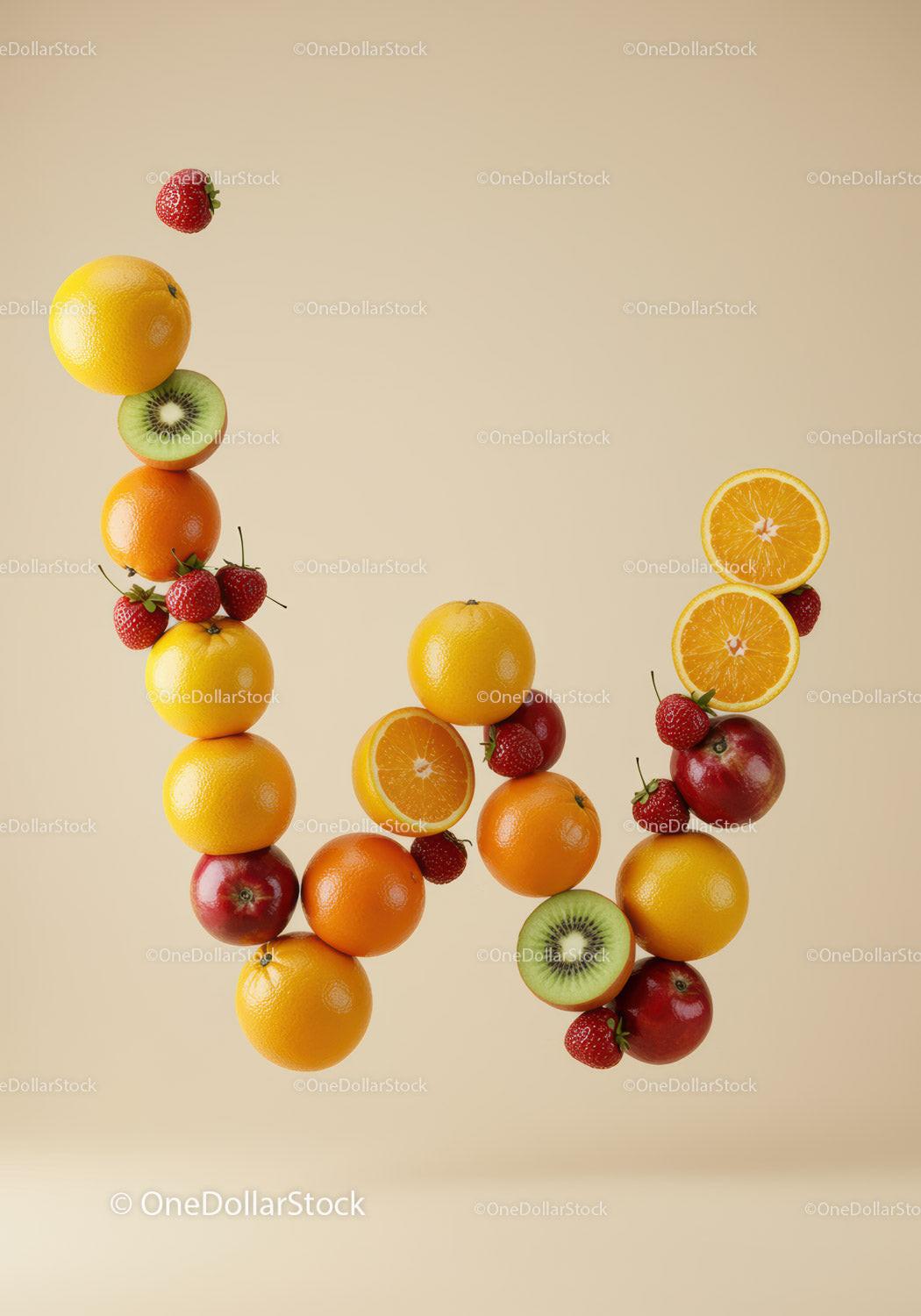 Fresh Fruit Arrangement Forming Letter W on Beige Background