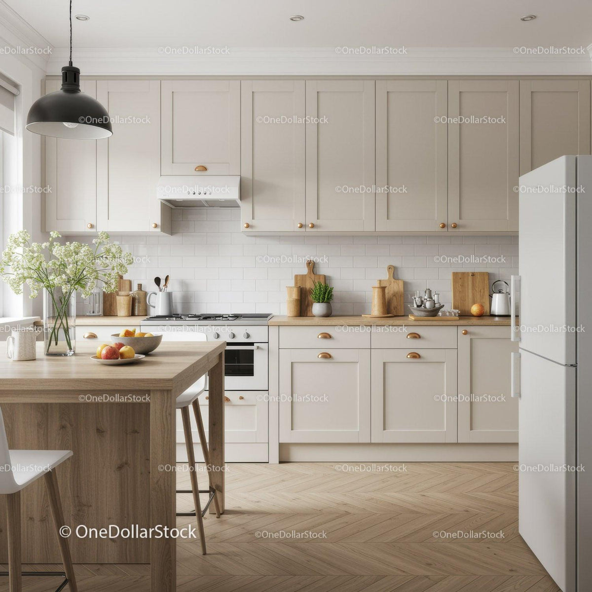 Bright Modern Kitchen with White Cabinets and Wooden Accents