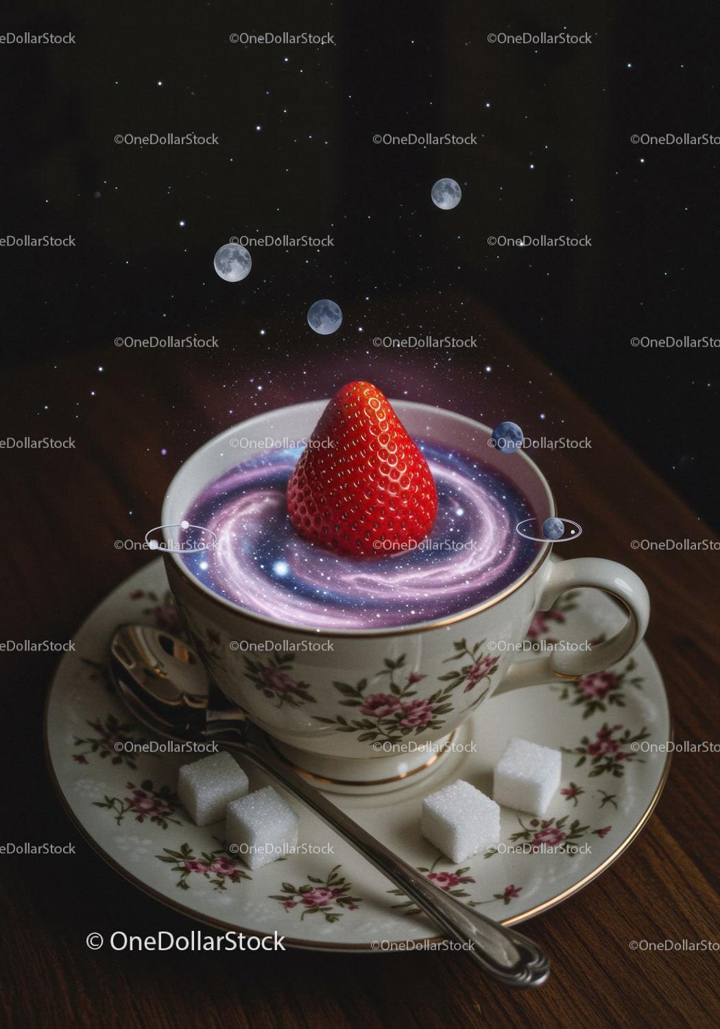 Strawberry floating in cosmic galaxy tea cup