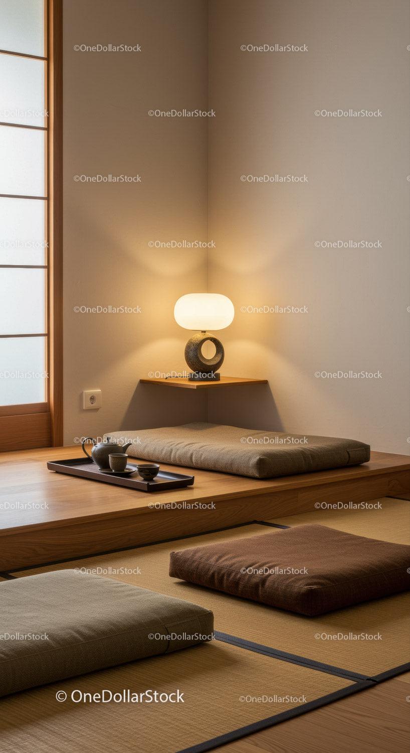 Minimalist Japanese Tea Corner with Soft Ambient Lighting