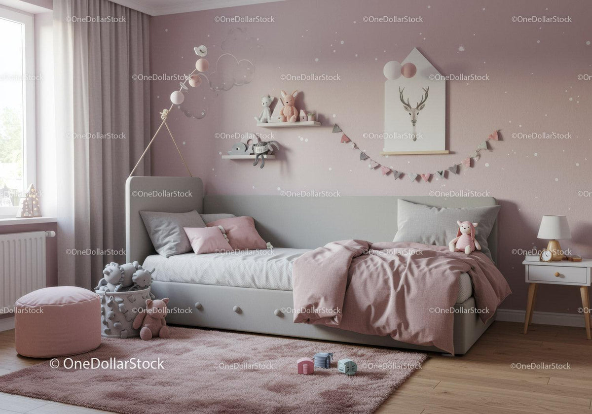 Cozy Children's Bedroom with Pink Wall Decor and Plush Toys