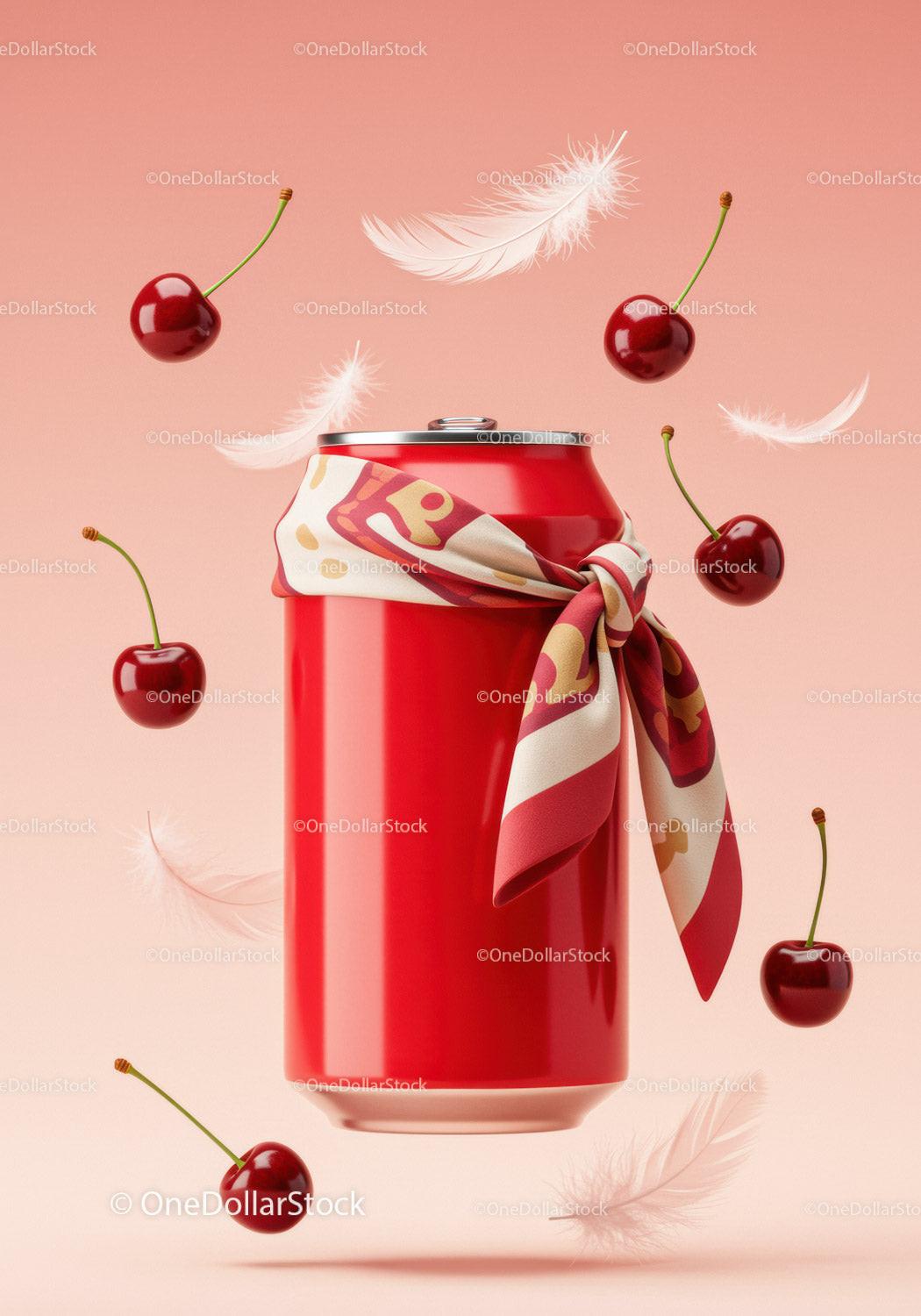 Red Soda Can with Stylish Scarf and Floating Cherries