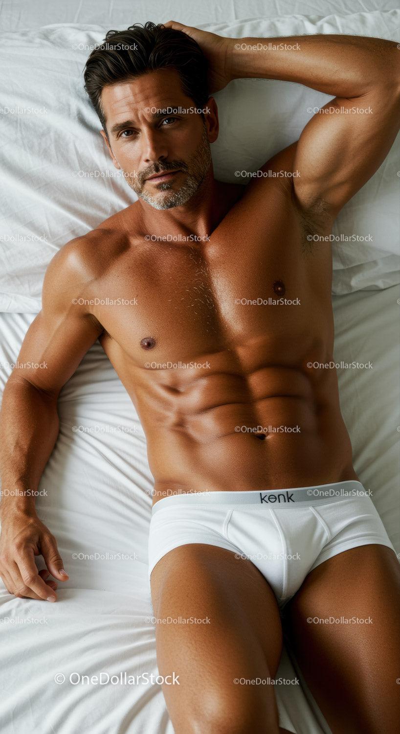Fit man relaxing on bed in white underwear