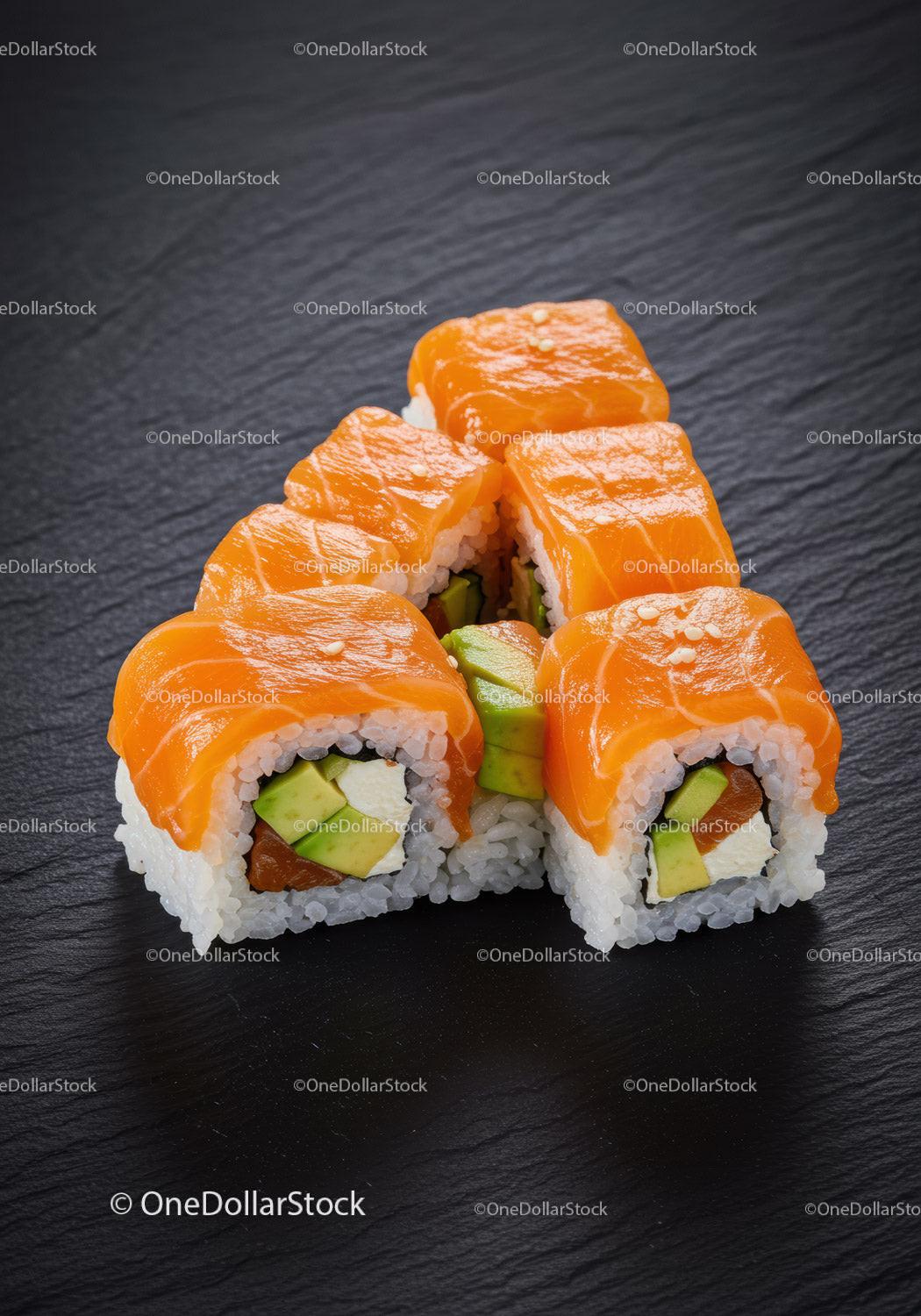Fresh salmon avocado sushi rolls on black slate plate