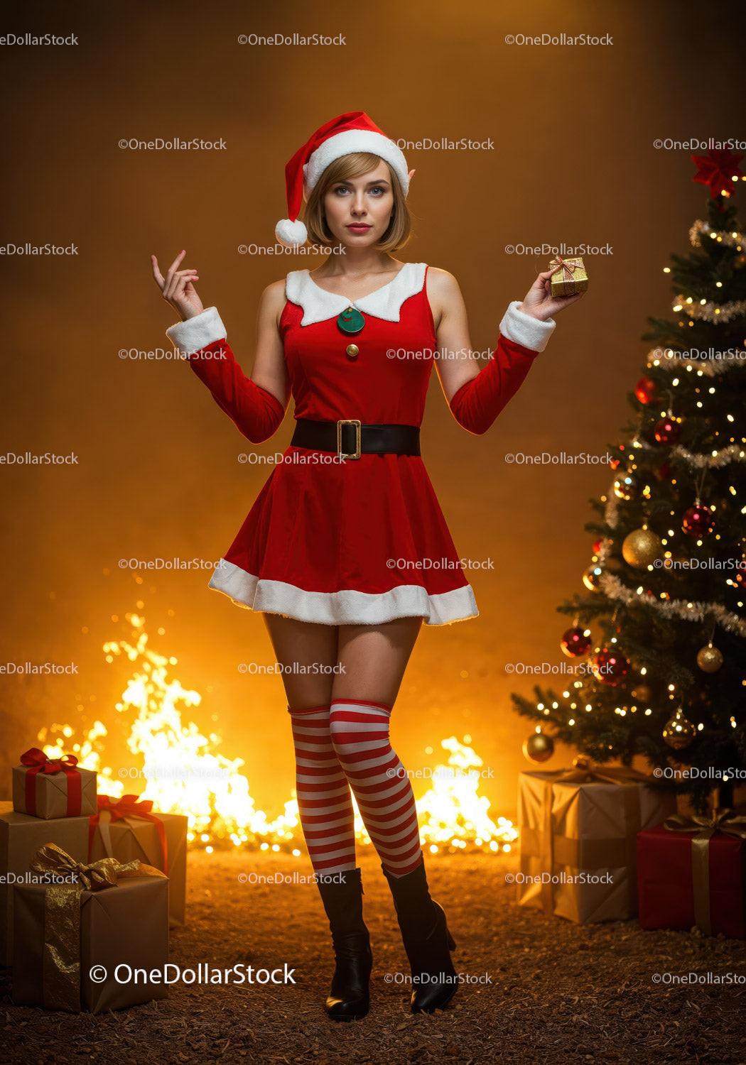 Young woman in Santa outfit with Christmas gifts
