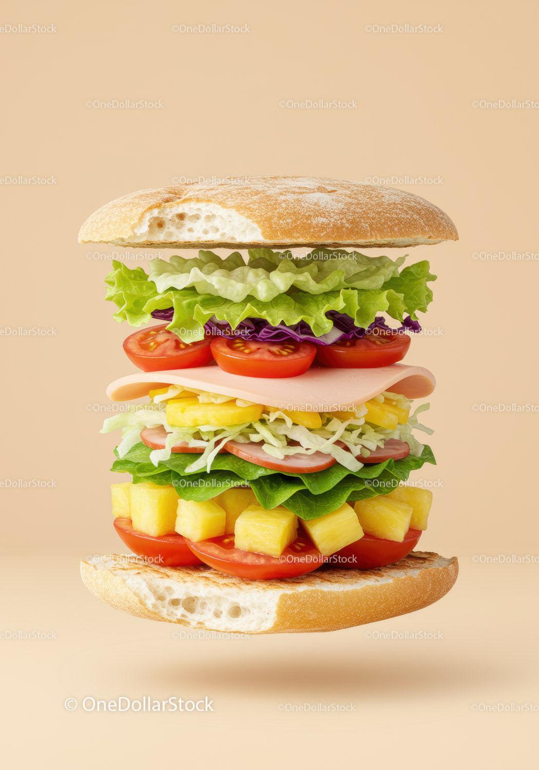 Fresh colorful sandwich stacked with vegetables and pineapple
