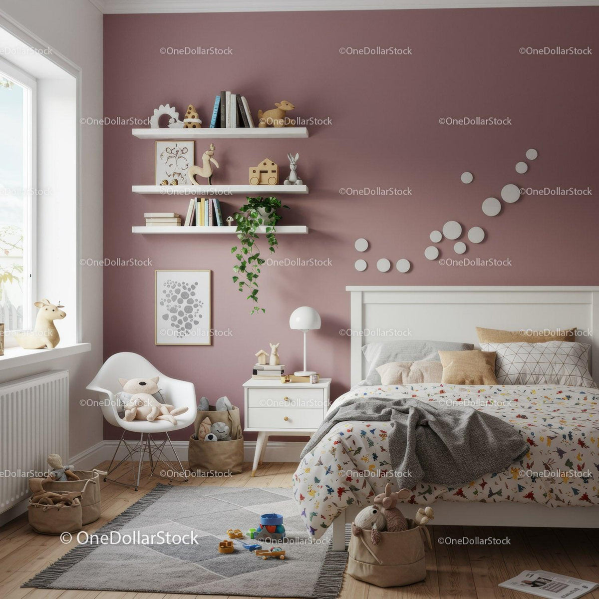 Cozy Modern Children's Bedroom with Plush Toys and Wall Art