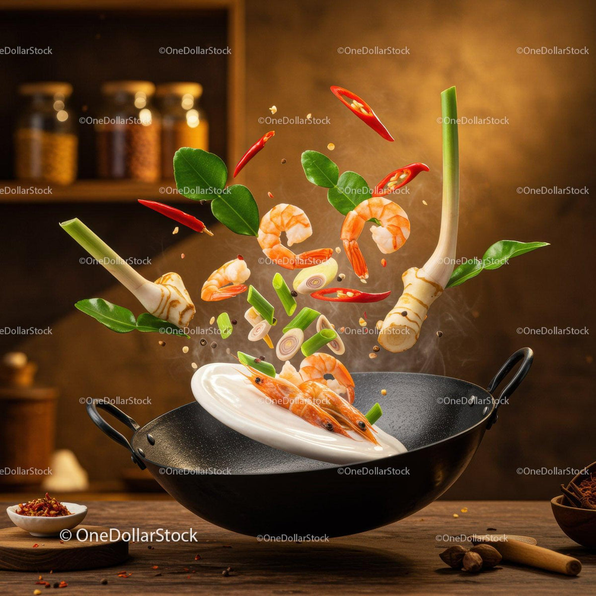 Fresh Shrimp and Herbs Tossed in Black Wok with Steam