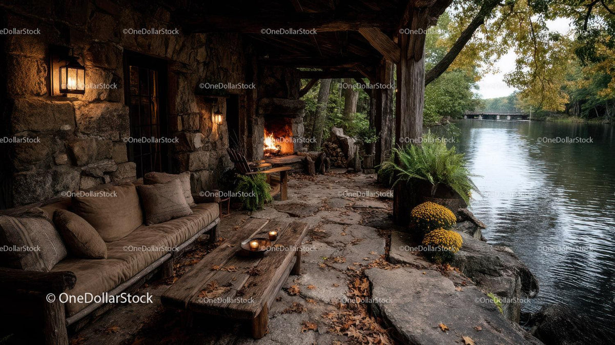 Rustic Riverside Cabin with Stone Fireplace Surrounded by Autumn Foliage Stock Photo Bundle preview 13